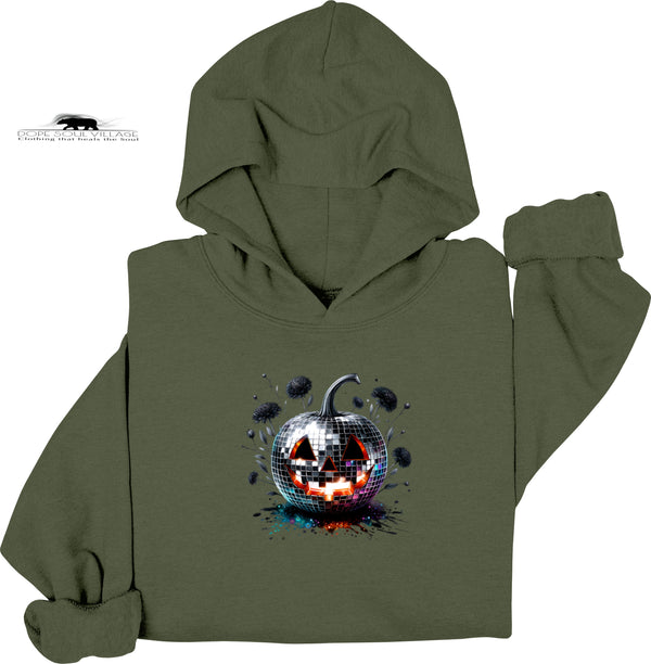 Green hoodie with a disco ball pumpkin design on a white background dope soull village