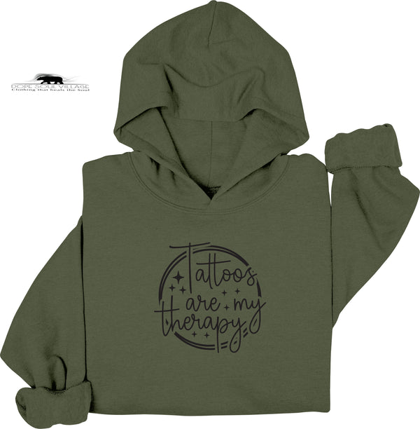 Green hoodie with 'Tattoos are my therapy' text on a white background