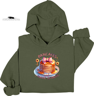 Green hoodie with pancake graphic and text on a white background