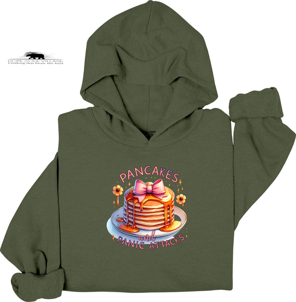 Green hoodie with pancake graphic and text on a white background