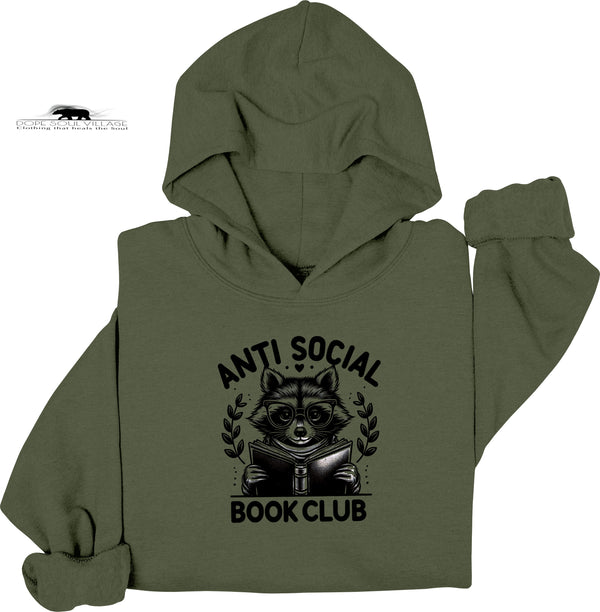 Green hoodie with 'Anti Social Book Club' graphic on a white background