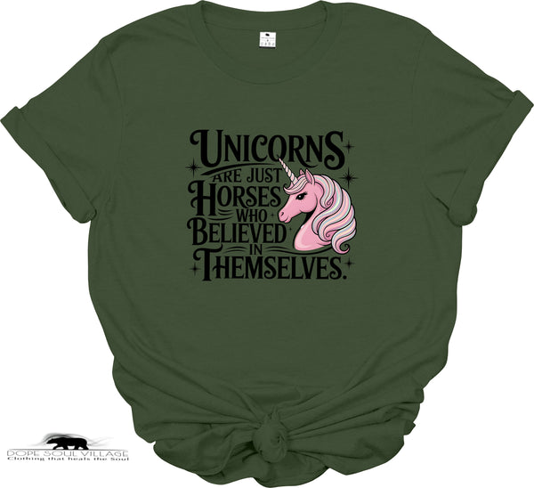 Green t-shirt with a unicorn graphic and text on a white background