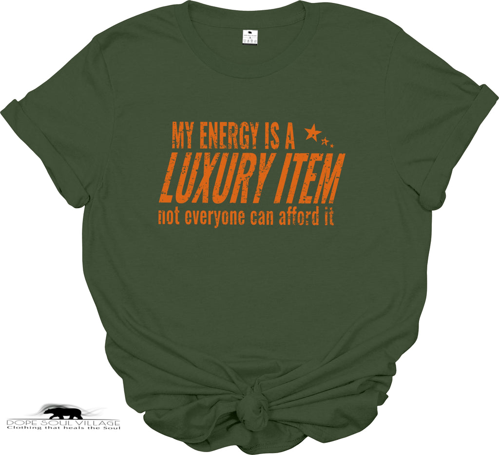 Green t-shirt with orange text on a white background