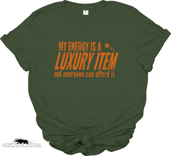 Green t-shirt with orange text on a white background