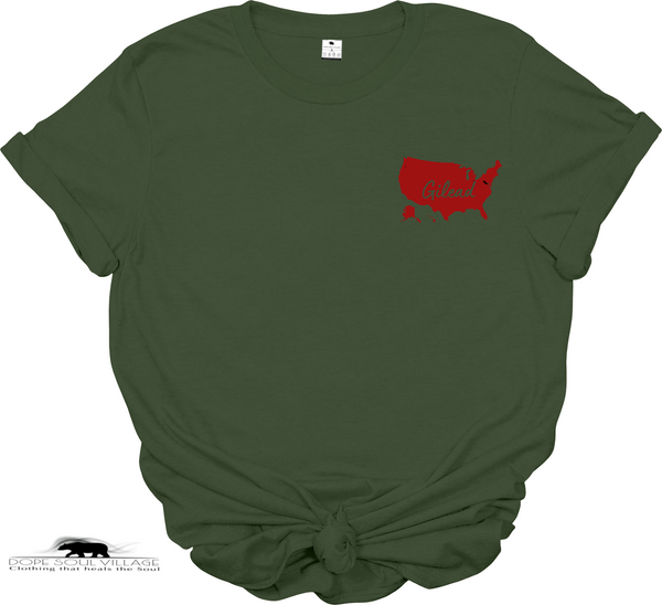 Green t-shirt with a red graphic on a white background