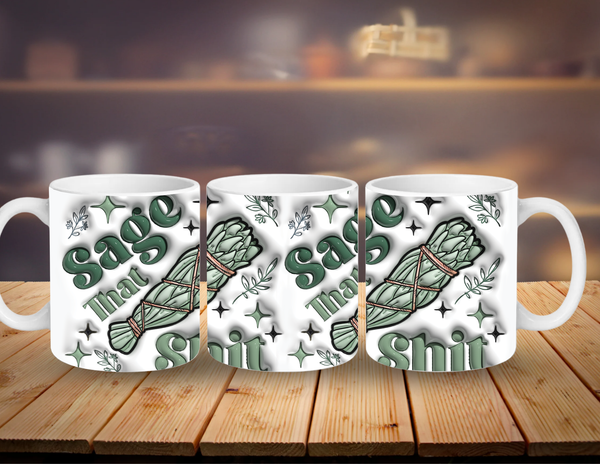 Three white mugs with green text and designs on a wooden surface.
