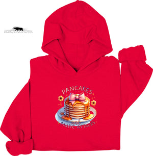 Red hoodie with a graphic of pancakes and text on a white background