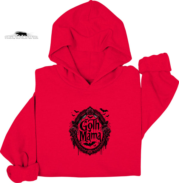 Red hoodie with 'Goth Mama' graphic design on a white background