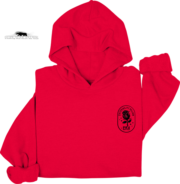 Red hoodie with a black logo on the chest against a white background