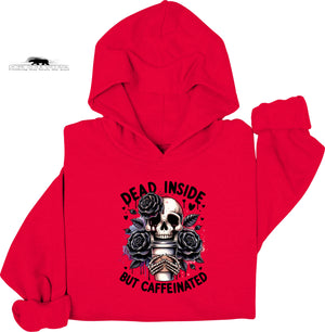 Red hoodie with skull and roses design on a white background