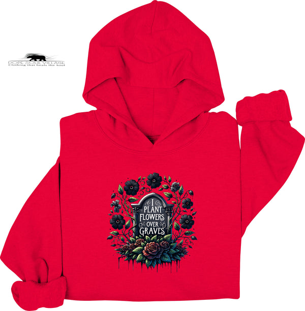 Red hoodie with floral and text design on a white background
