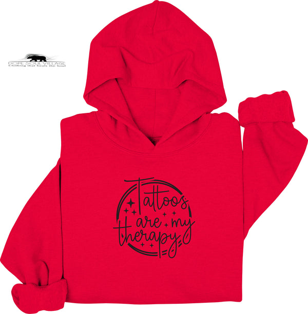 Red hoodie with 'Tattoos are my therapy' text on a white background