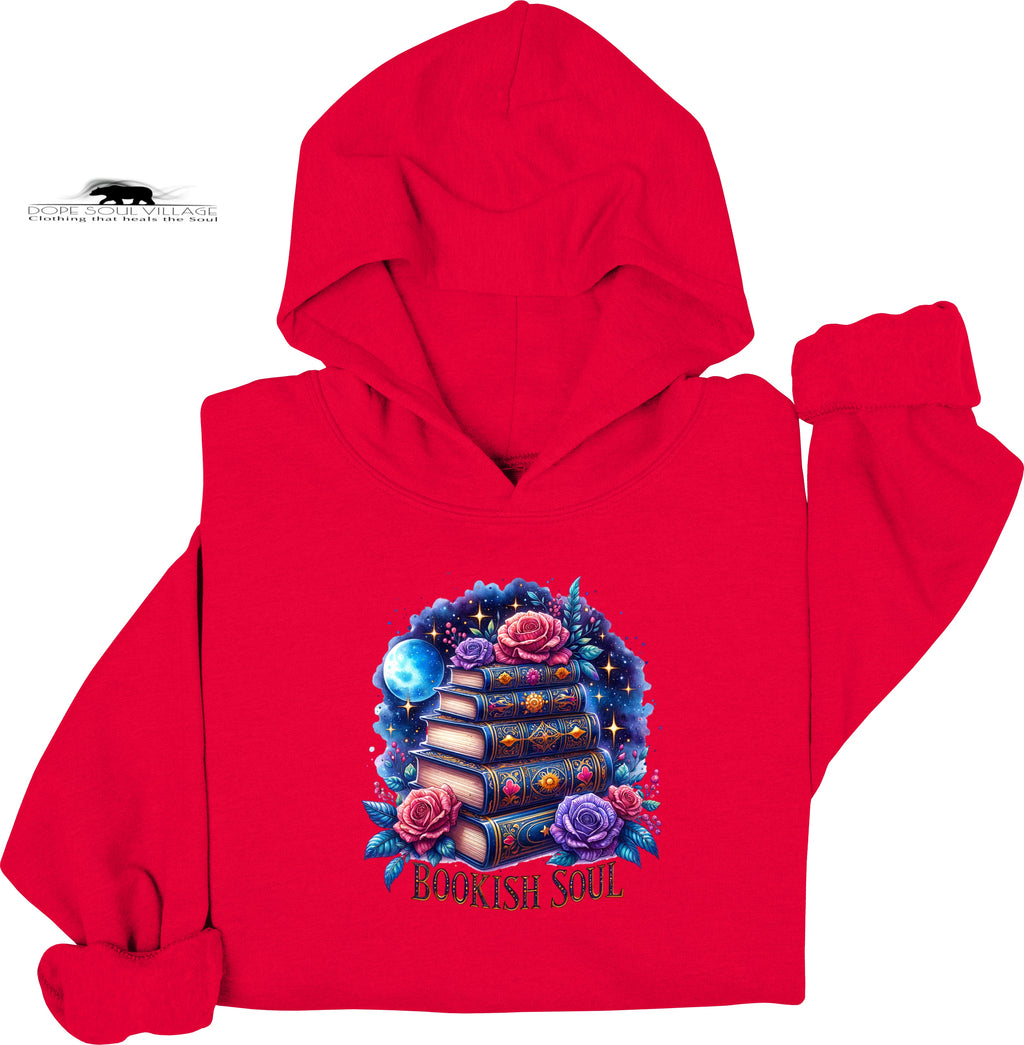 Red hoodie with a colorful graphic design on a white background