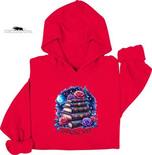 Red hoodie with a colorful graphic design on a white background