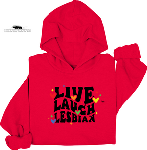 Red hoodie with 'Live Laugh Lesbian' text on a white background