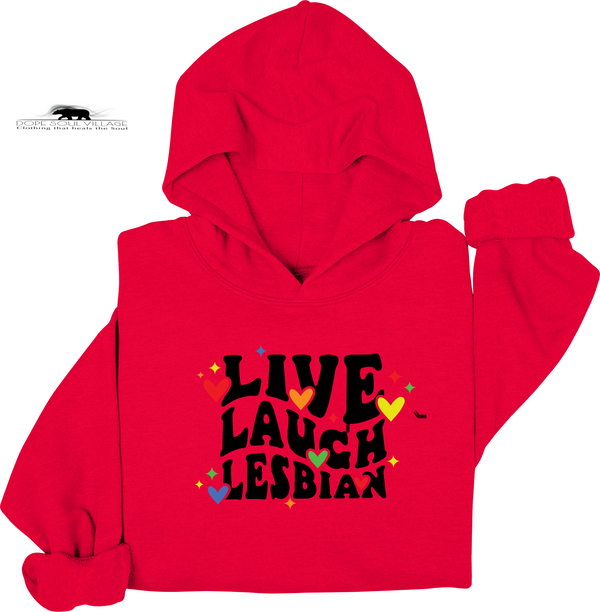 Red hoodie with 'Live Laugh Lesbian' text on a white background