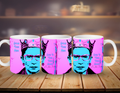 Three mugs with a colorful design of a person with glasses and a crown on a wooden surface.
