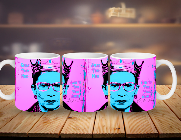 Three mugs with a colorful design of a person with glasses and a crown on a wooden surface.