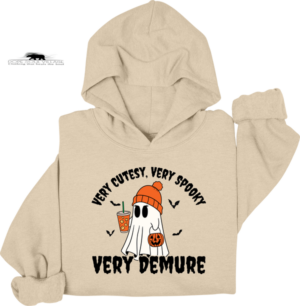 Beige hoodie with Halloween-themed graphic and text on a white background dope soul village