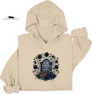 Beige hoodie with floral design and text on a white background