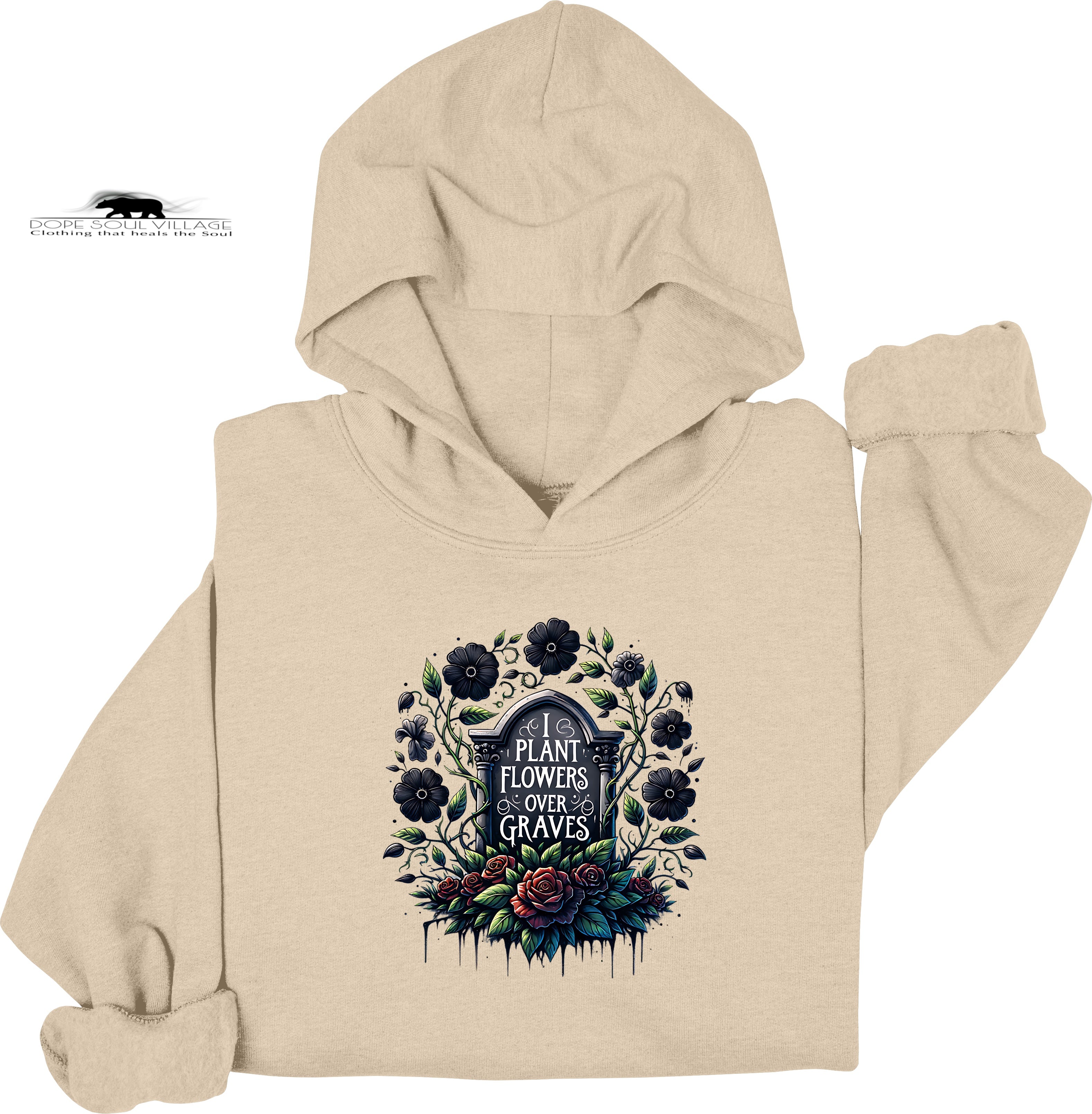 Beige hoodie with floral design and text on a white background