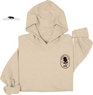 Beige hoodie with a rose emblem on a white background