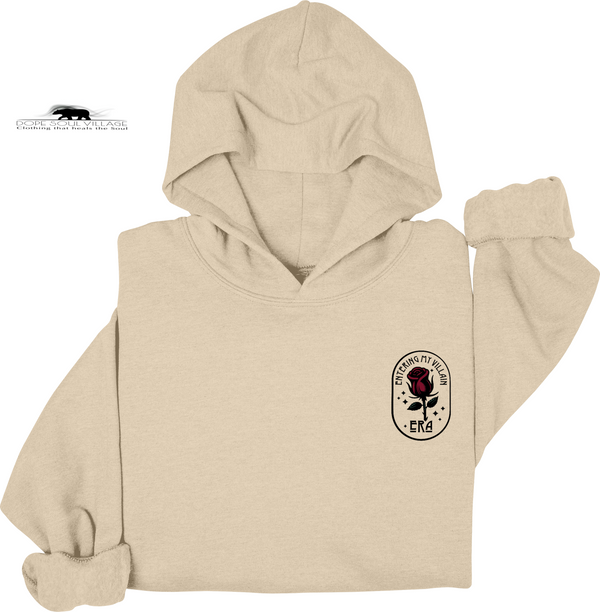 Beige hoodie with a rose emblem on a white background