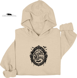 Beige hoodie with 'Goth Mama' graphic design on a white background