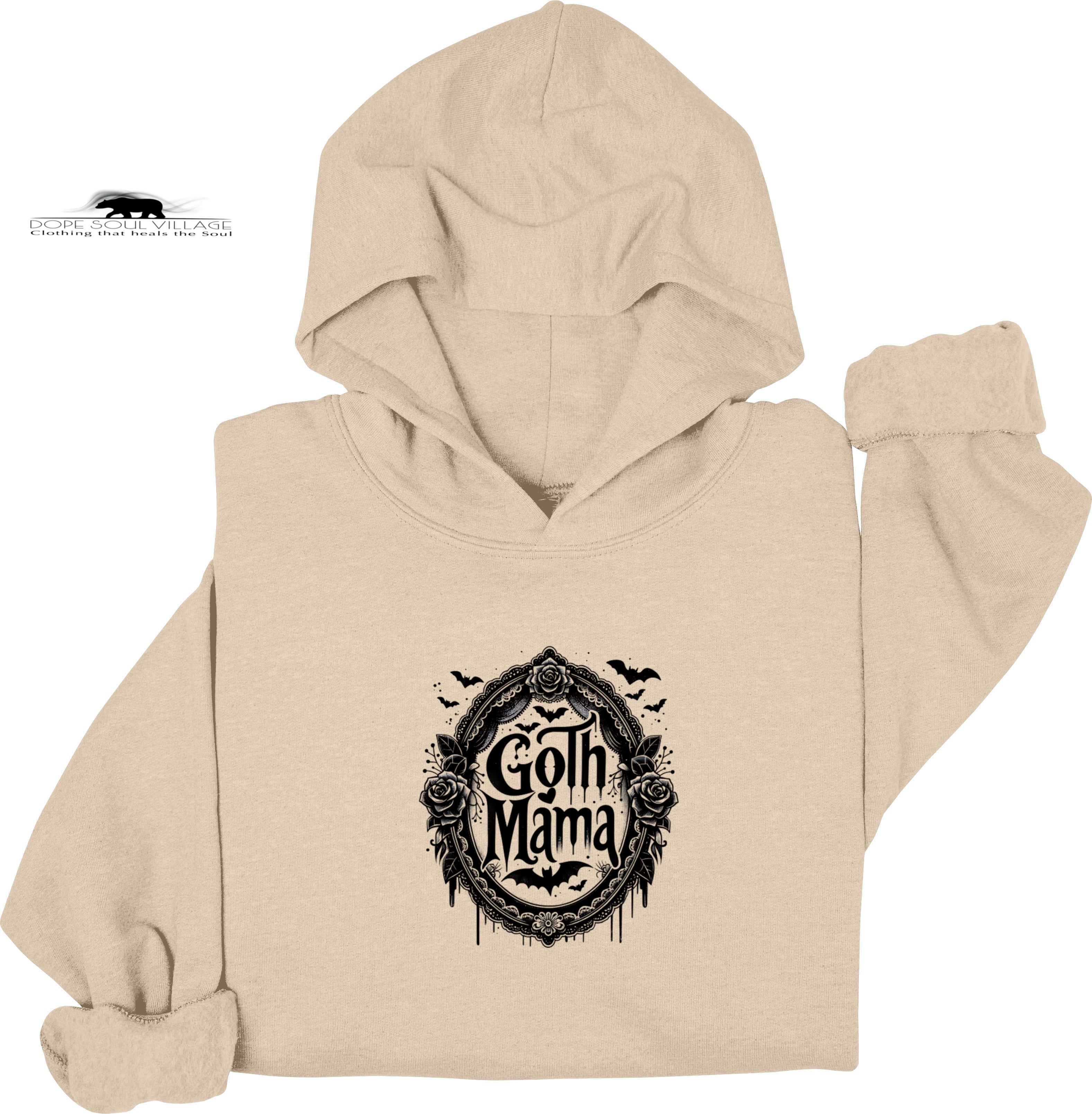 Beige hoodie with 'Goth Mama' graphic design on a white background