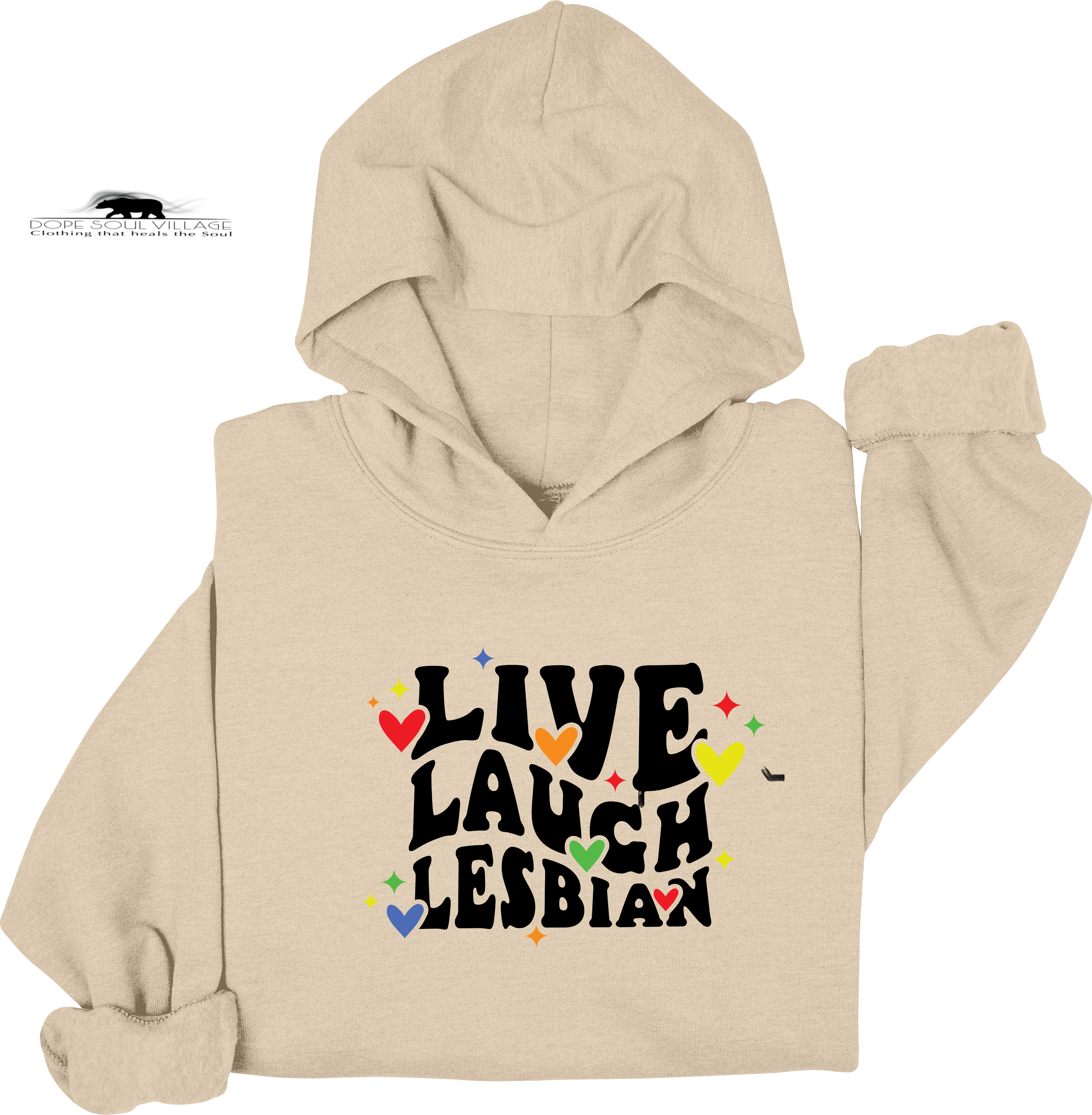 Beige hoodie with 'Live Laugh Lesbian' text on a white background