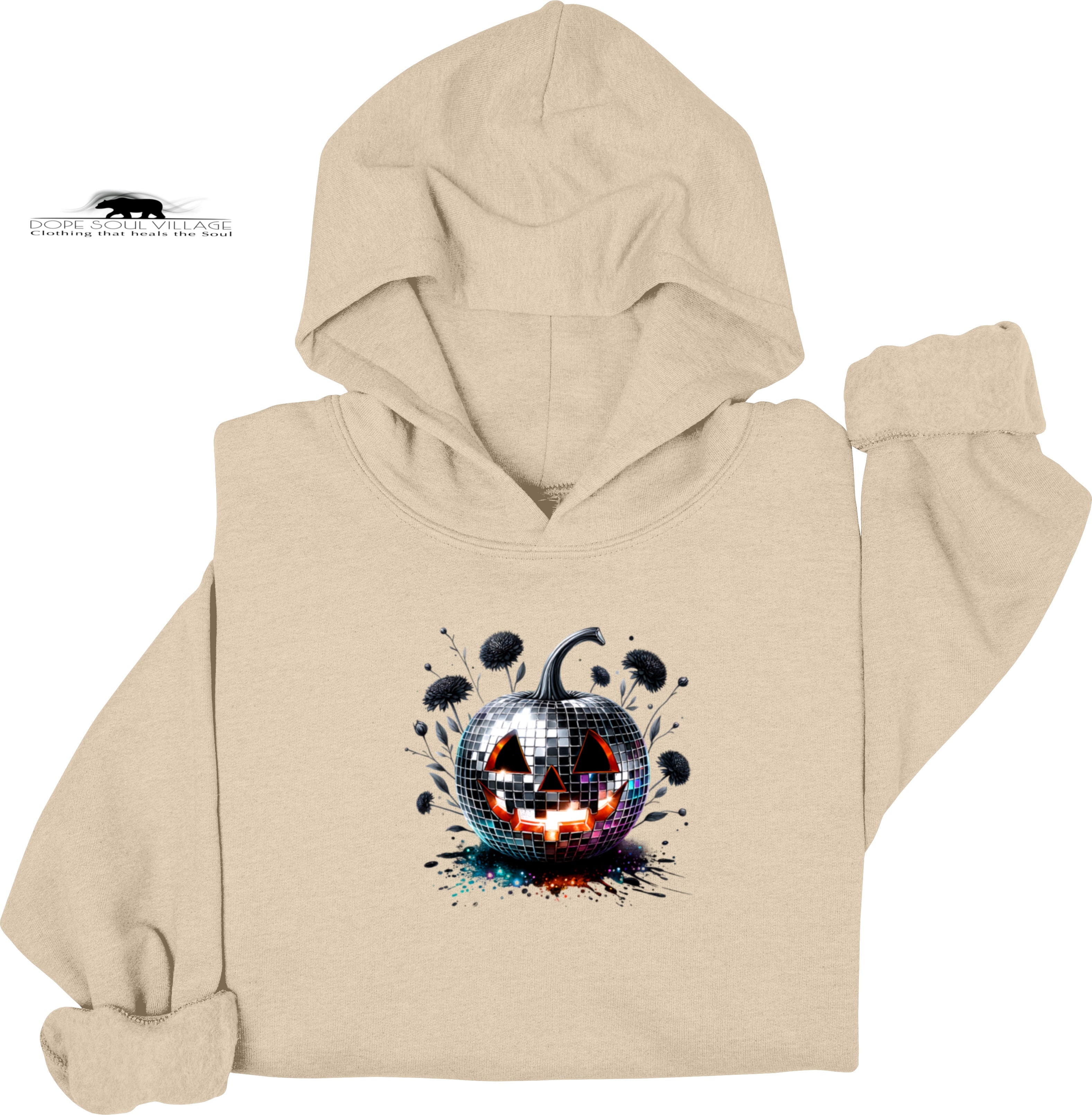 Beige hoodie with a colorful disco ball pumpkin design on a white background dope soul village