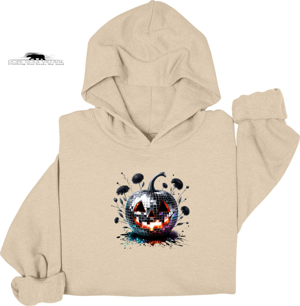 Beige hoodie with a colorful disco ball pumpkin design on a white background dope soul village