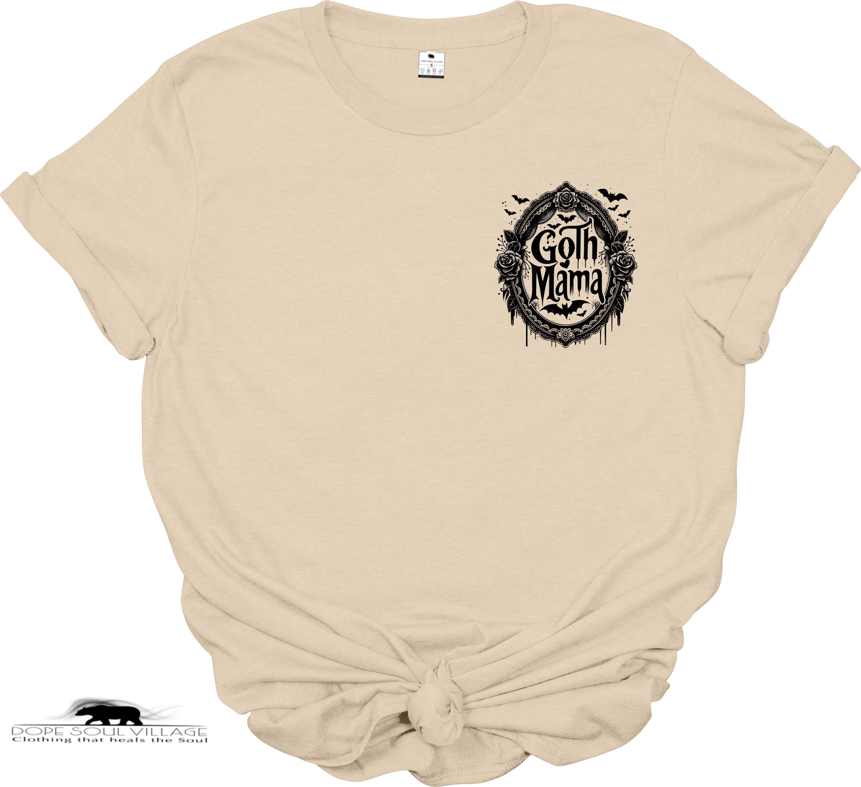 Beige t-shirt with 'Goth Mama' graphic design on a white background