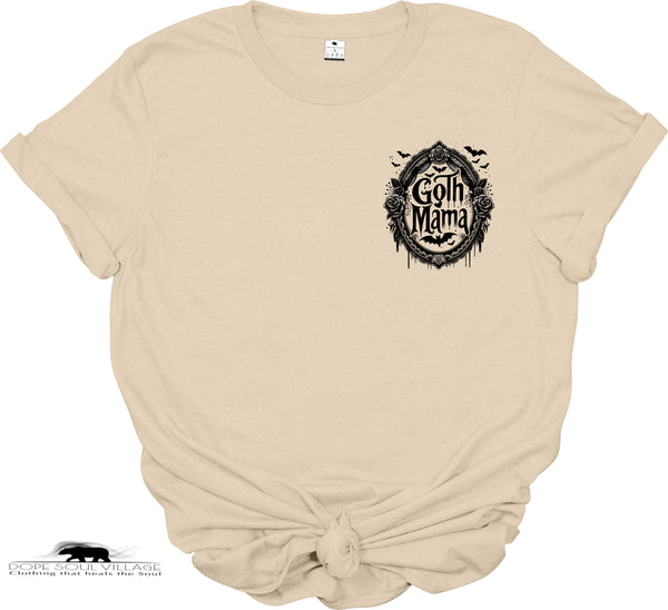 Beige t-shirt with 'Goth Mama' graphic design on a white background