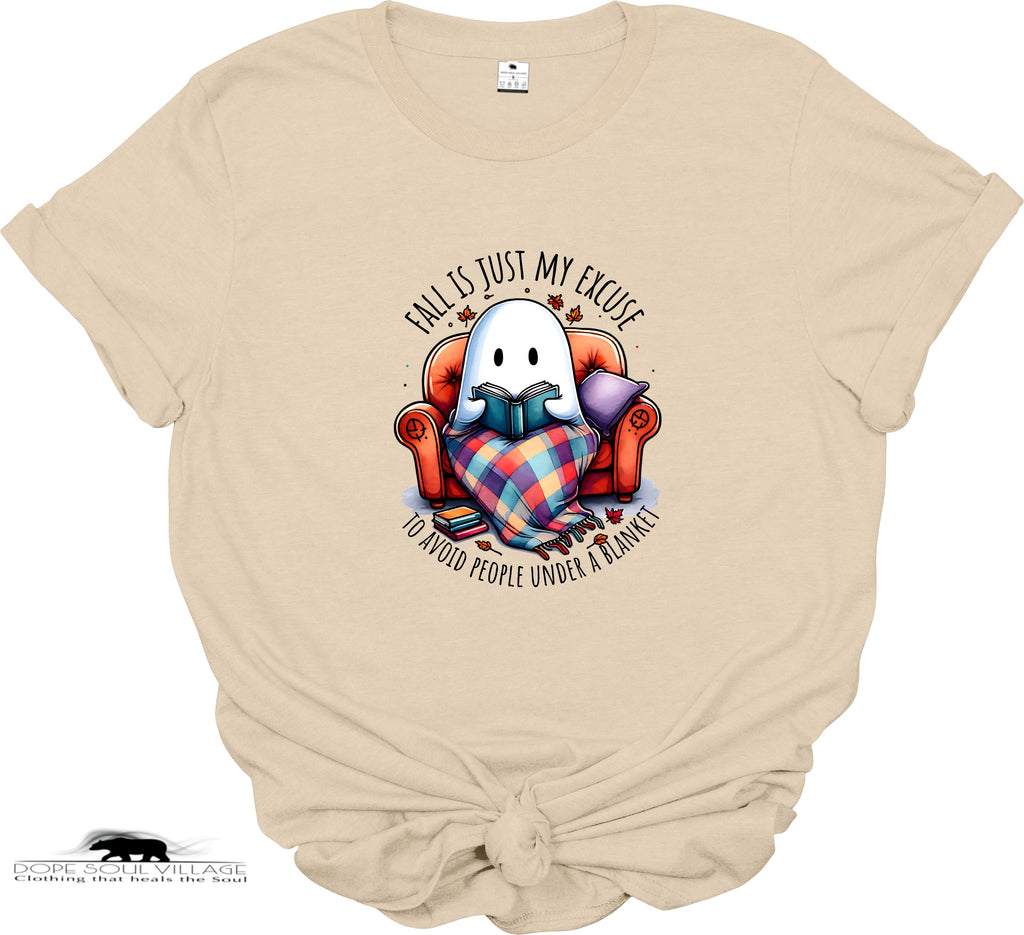Beige t-shirt with a ghost graphic and text on a white background