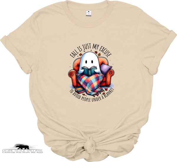 Beige t-shirt with a ghost graphic and text on a white background
