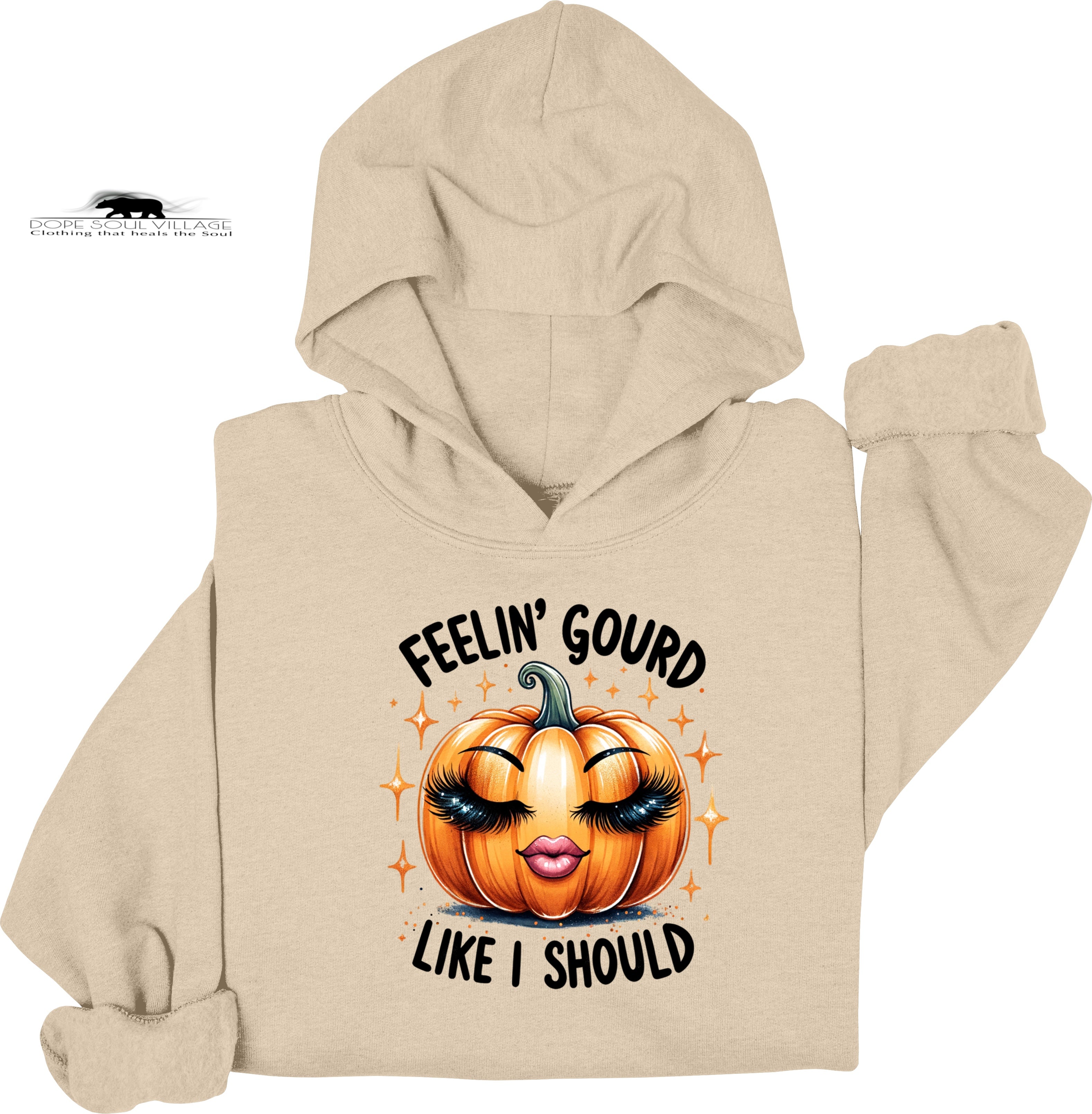 Beige hoodie with a pumpkin graphic and text on a white background