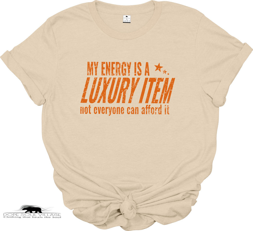 Beige t-shirt with orange text on a white background