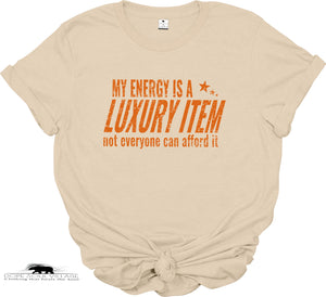 Beige t-shirt with orange text on a white background