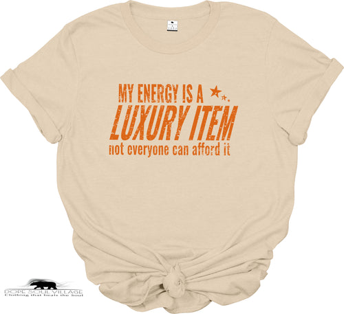 Beige t-shirt with orange text on a white background