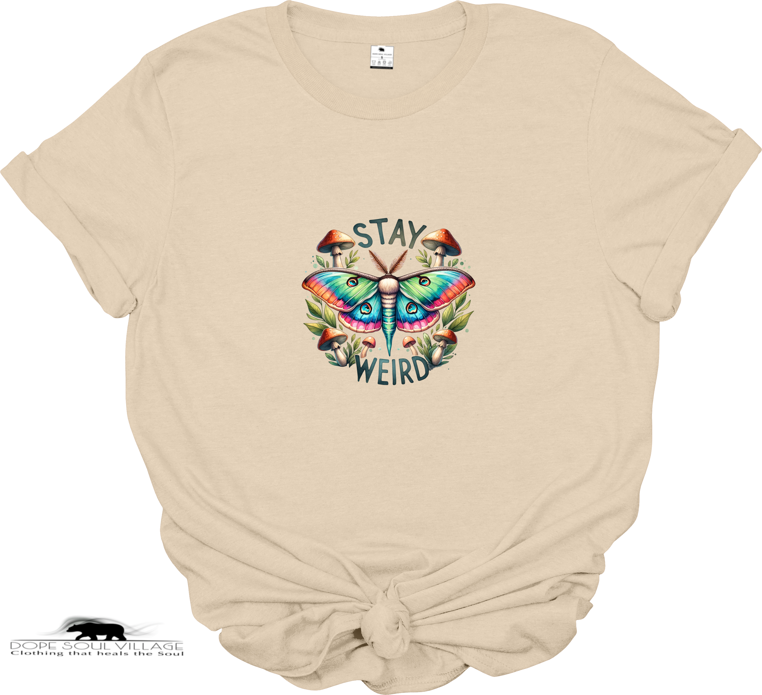 Beige t-shirt with a colorful butterfly graphic and 'Stay Weird' text on a white background.