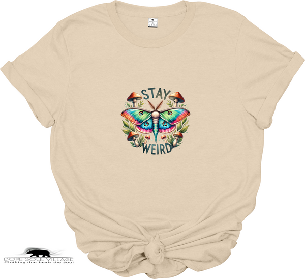 Beige t-shirt with a colorful butterfly graphic and 'Stay Weird' text on a white background.