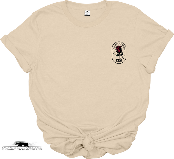 Beige t-shirt with a logo on the chest against a white background