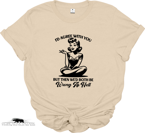 Beige t-shirt with graphic and text featuring a vintage-style illustration of a woman.