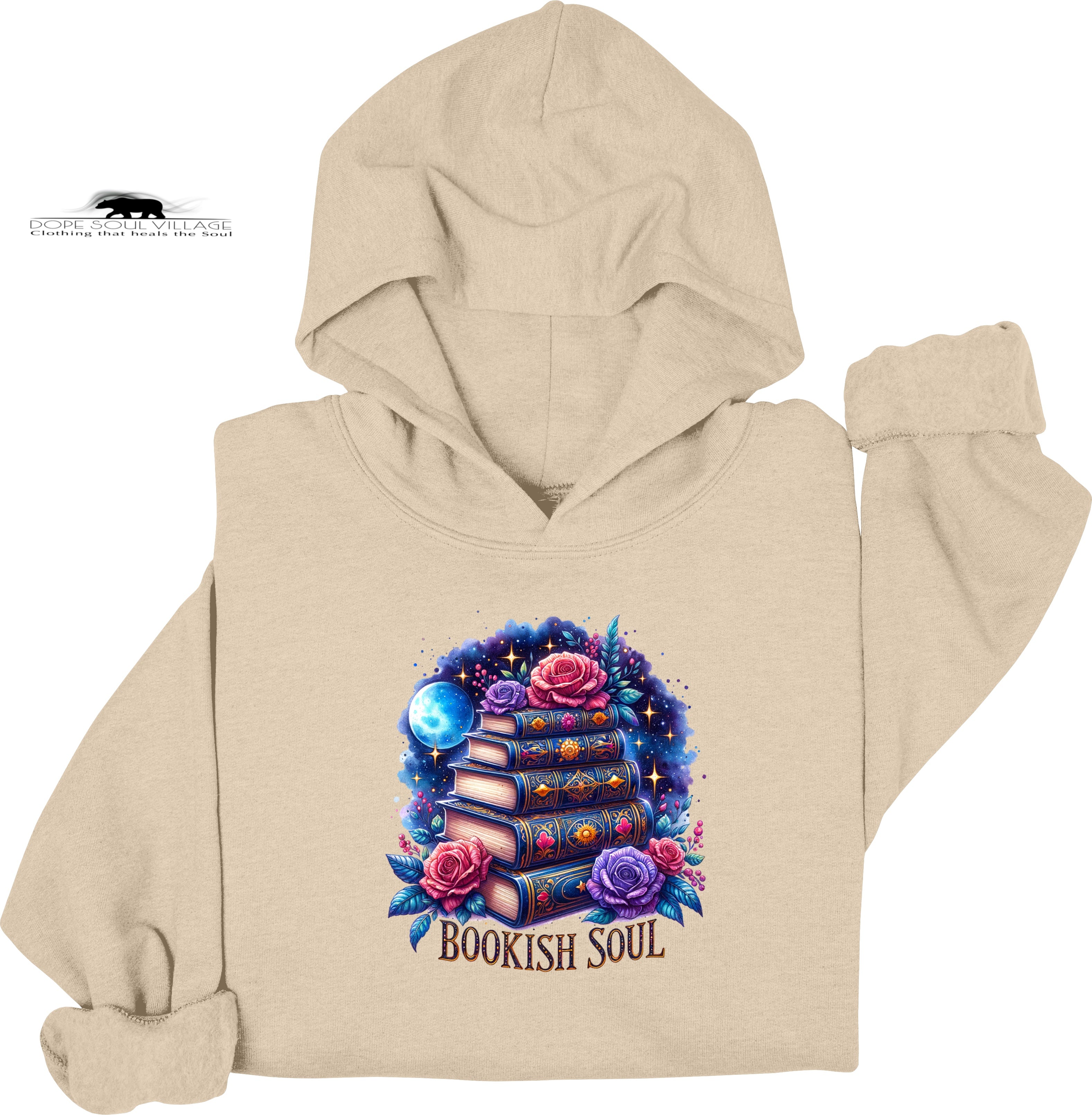 Beige hoodie with a colorful 'Bookish Soul' design featuring books and flowers on a white background.