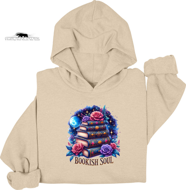 Beige hoodie with a colorful 'Bookish Soul' design featuring books and flowers on a white background.