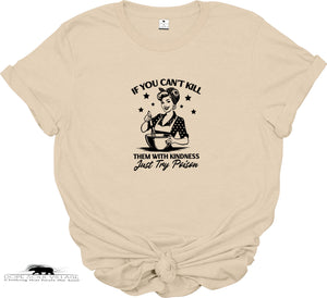 Beige t-shirt with black graphic and text on a white background