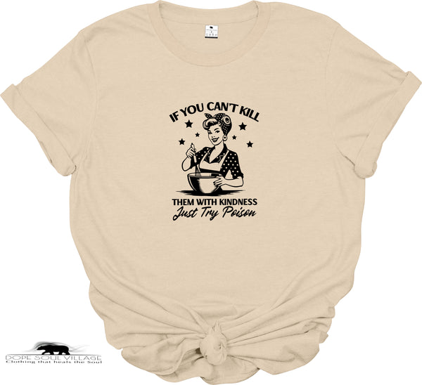 Beige t-shirt with black graphic and text on a white background