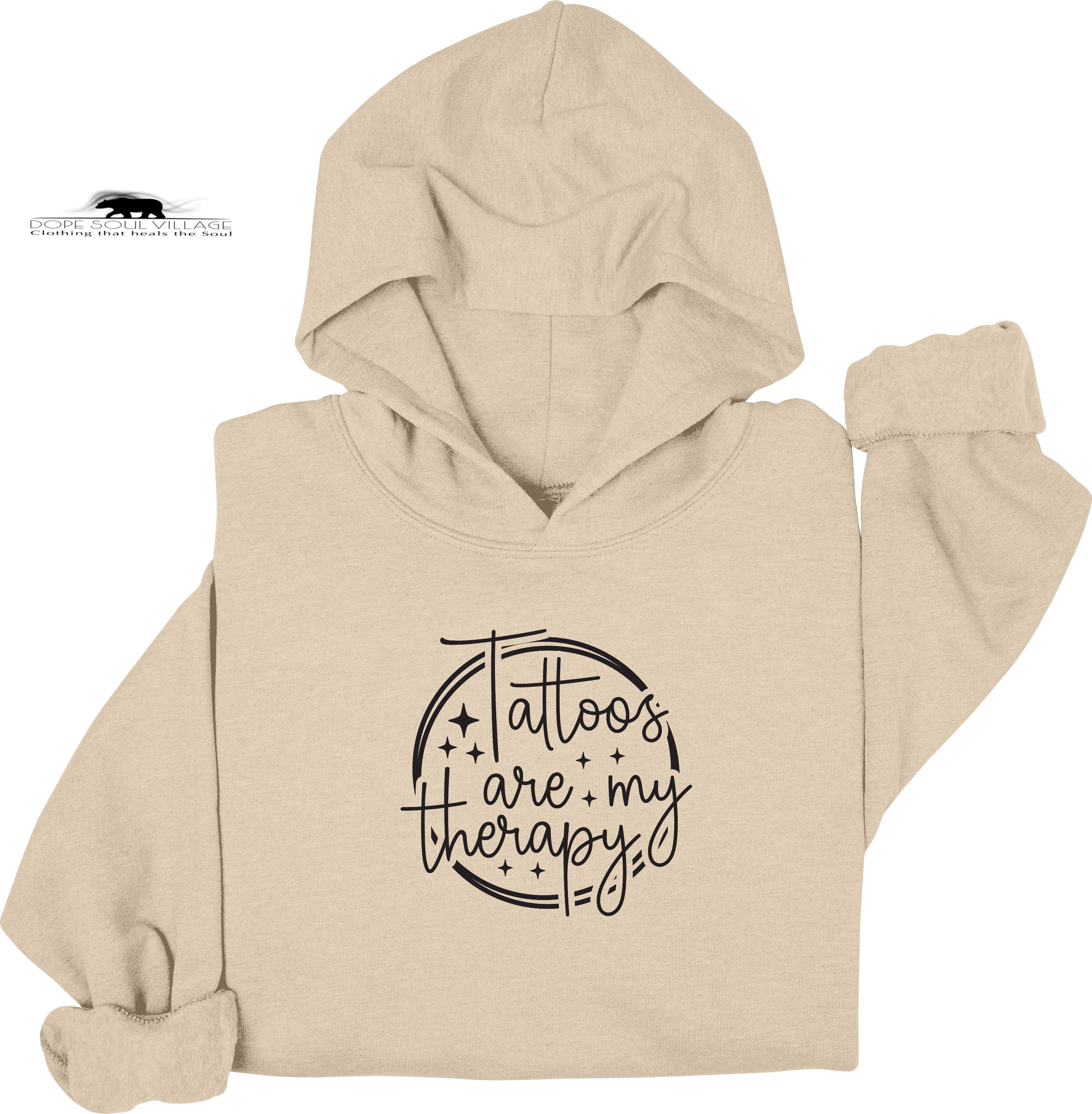 Beige hoodie with 'Tattoos are my therapy' text on a white background