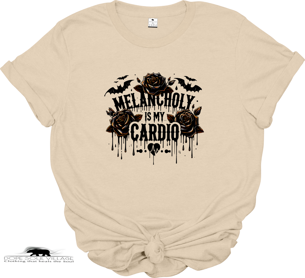 Beige t-shirt with black graphic design and text 'Melancholy is my Cardio' on a white background
